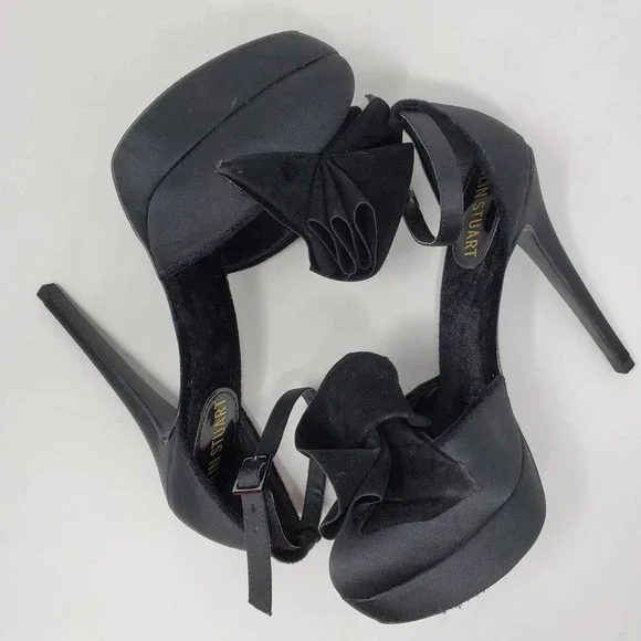 Colin Stuart Women Black Ruffled Satin High Heels Leather Sole Shoes Sz 6.5 - Picture 11 of 13